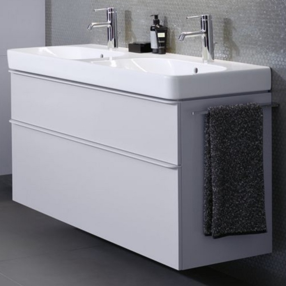 Product Lifestyle Image of Geberit Smyle Square 1200mm White Double Wall Hung Vanity Unit and 2TH Basin - 500.356.00.1/500,223.01.1